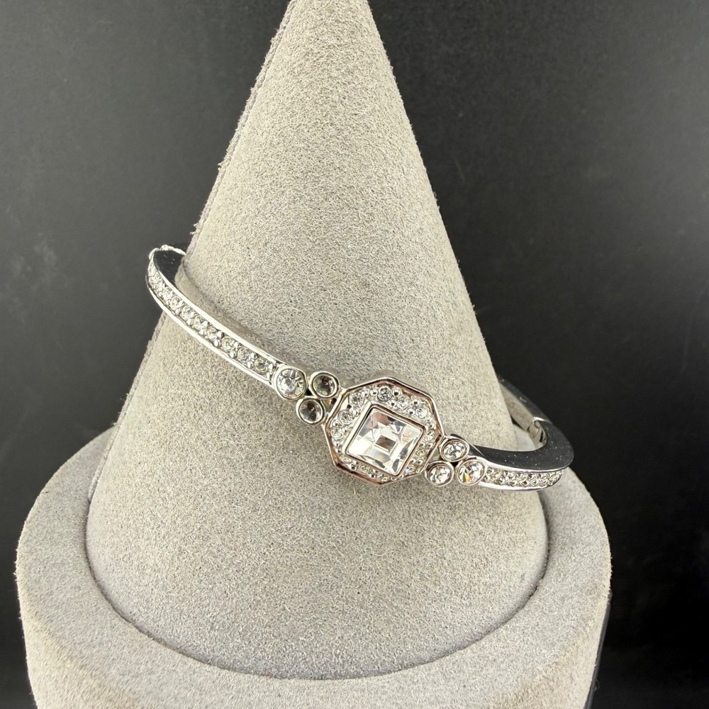 Vintage Givenchy Bracelet Silver Tone Rhinestone Hinged Bangle 7in